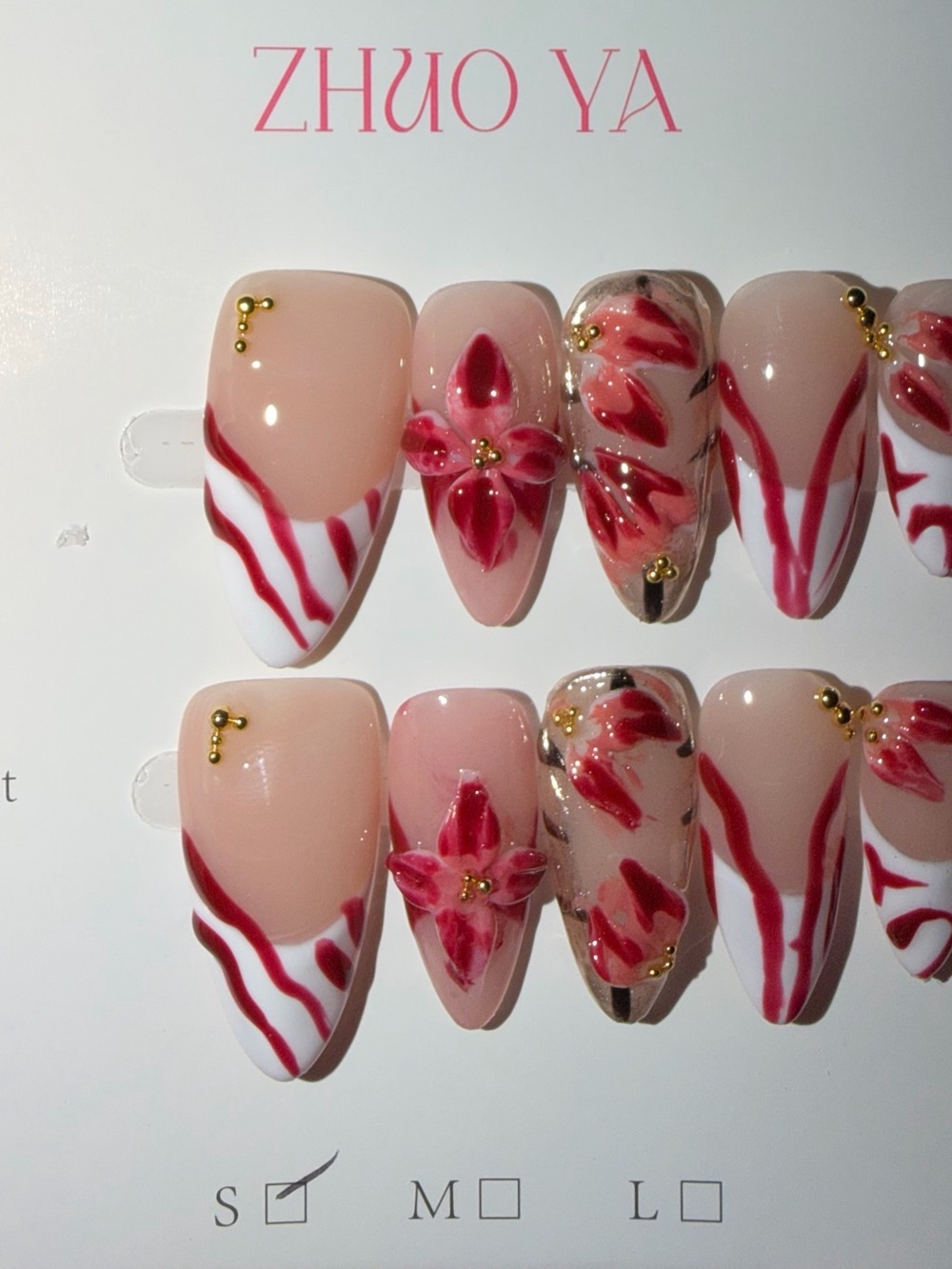 Red Floral Press-On Nail Set for Women